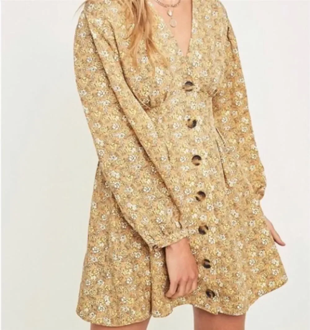 Free People Portobello Dress Mustard Yellow Linen Blend Twill Floral Dress | 4